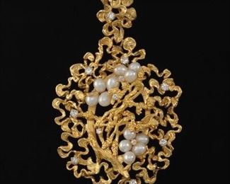 Ladies Gold, Diamond and Pearl Oversized Organic Design Pendant 