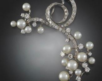 Ladies Gold, Diamond and Pearl Scroll Pin Brooch 