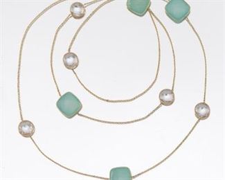 Ladies Gold, Mint Chalcedony and Oval Quartz Necklace 