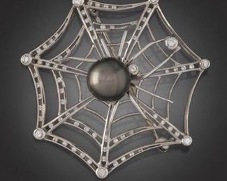 Ladies Gold, Pearl and Diamond Spiderweb Brooch 
