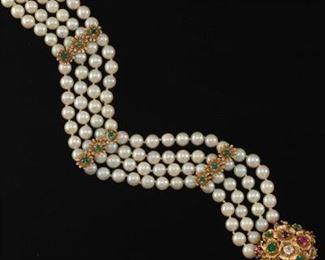 Ladies Gold, Pearl, Diamond and Gem Stones FourStrand Bracelet 
