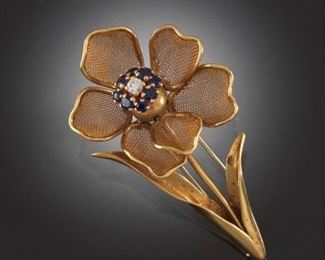 Ladies Gold, Sapphire and Diamond Flower Brooch 