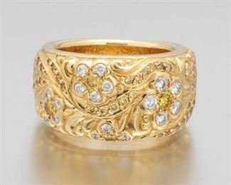 Ladies Gold, White and Yellow Diamonds Floral Design Band 