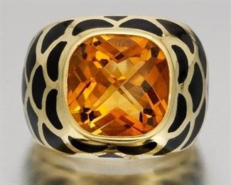 Ladies Goold, Amber Citrine and Black Enamel Ring 