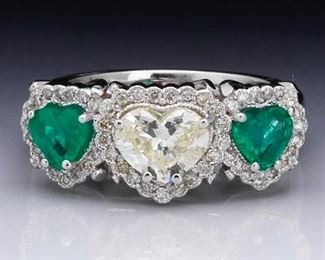 Ladies Heart Shape Diamond and Emerald Ring 
