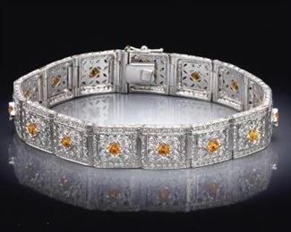 Ladies Hollywood Regency Style Gold, Diamond and Amber Sapphire Bracelet 