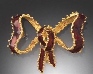 Ladies Italian Gold and Red Enamel Bow Brooch 