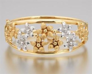 Ladies Italian TwoTone Gold Floral Design Bangle 