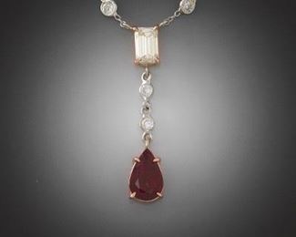 Ladies Platinum, Gold, Ruby and Diamond Necklace on DiamondbytheYard Chain 