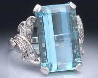 Ladies Retro Platinum, Aquamarine and Diamond Ring 