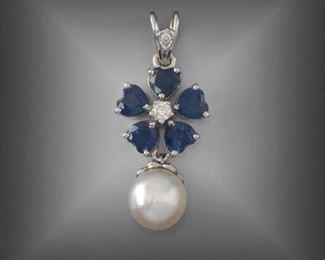 Ladies Sapphire, Pearl and Diamond Pendant 