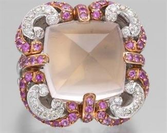 Ladies Sapphire, Diamond and Rose Quartz Ring 