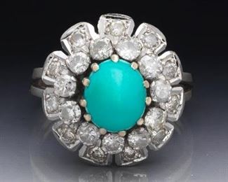 Ladies Turquoise Cabochon and Diamond Ring 