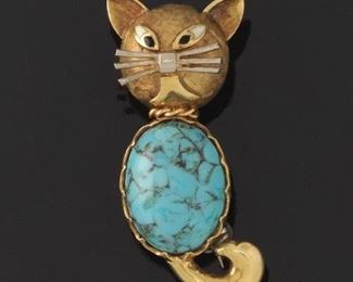 Ladies Turquoise, Enamel and Gold Cat Brooch 