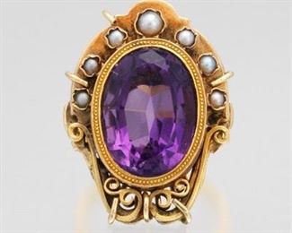 Ladies Victorian Gold, Amethyst and Seed Pearl Ring 