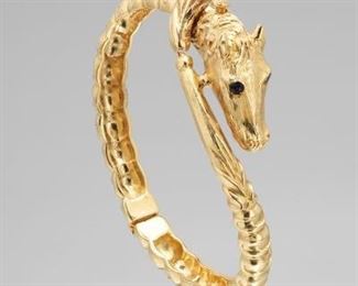 Ladies Vintage Hermes Style Gold and Blue Sapphire Equestrian Bangle 