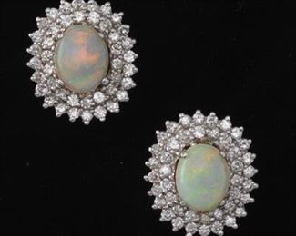 Ladies Vintage Pair of Gold, Opal and Diamond Earrings 