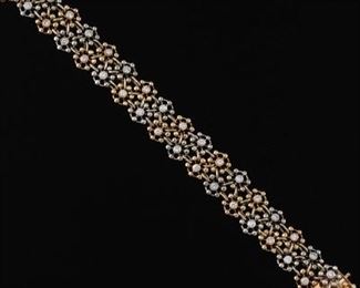 Ladies Vintage TwoTone Gold and Diamond Floral Design Bracelet 