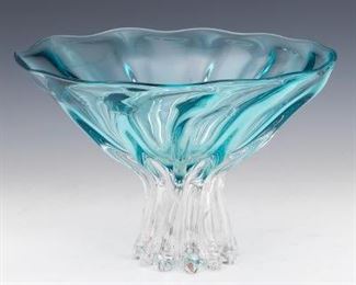 Large Cerulean and Clear Art Glass Sea Form Vase 
