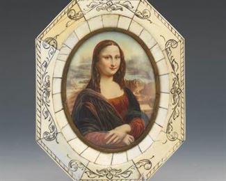 Miniature Portrait of the Mona Lisa in a Bone Frame