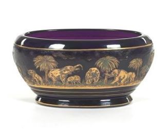 Moser Amethyst Glass Acid Etched Gilt Safari Oval Centrepiece Bowl
