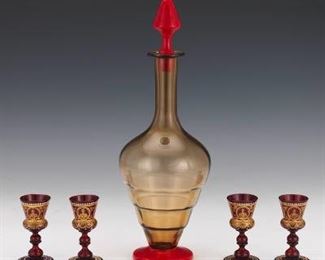 Murano Art Glass Carafe with Four Moser Gilt Ruby Glass Cordials 