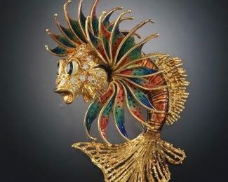 Oversized Italian Gold, Enamel and Gemstone Lionfish Brooch 