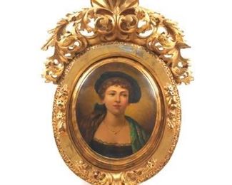 Painted Wood Portrait in Gilt Frame