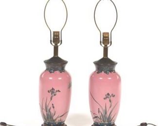 Pair of Antique Japanese Cloisonne Vases on Carved Rose Wood Stands, as Lamps