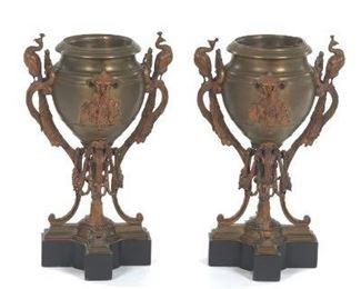 Pair of French Antique Bronze and Black Slate Peacock Urns, ca. 19th Century 