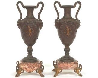 Pair of French Patinated and Ormolu Mixed Metals Vases on Rouge Marble Bases, ca. 19th Century 