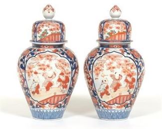 Pair of Japanese Porcelain Imari Lidded Jars, Meiji Era