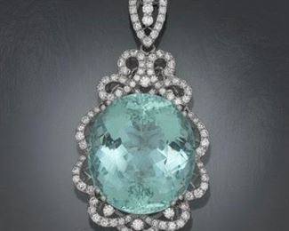 Platinum, 46.16 Aquamarine and Diamond Pendant 