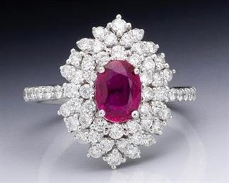 Rare Unheated Ruby and Diamond Cluster Ring, GIA Report 