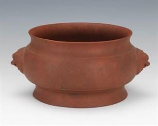 Red Ceramic Bowl with Lion Handels 