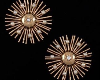 Retro Sputnik Gold, Diamond and Pearl Earrings 