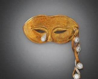 Robert Hallett Gold, Platinum and Diamond Masquerade Mask Pin Brooch 