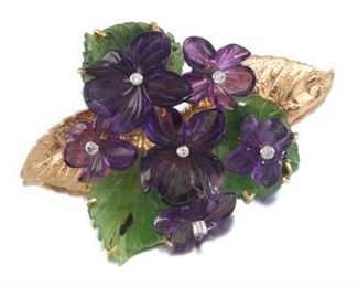 Russell Trusso Carved Amethyst, Jade and Diamond Pansy Brooch 