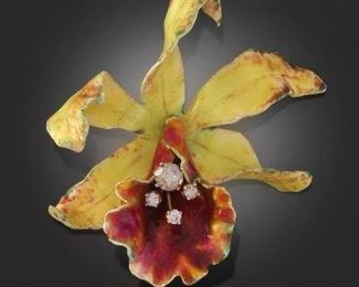 Russell Trusso Enamel and Diamond Orchid Brooch 