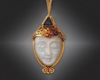 Sajen 18k Gold, Mother of Pearl and Blue Gemstone Pendant 