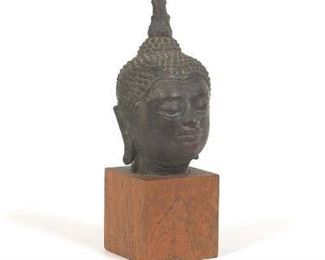 SouthEast Asian Antique Bronze Buddha Head, on Wood Base 