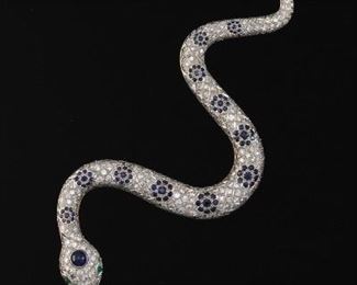 Spectacular TwoTone Gold, 6.00 ct Diamond, Blue Sapphire and Emerald Serpent Pin Brooch 