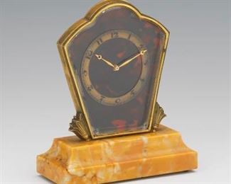 Swiss Art Deco lEmeraude Lausanne dOre Bronze, Tortoise Shell and Marble Desk Clock 
