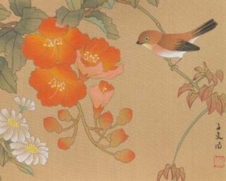 Three Chinese Watercolors on Silk with Brocade Borders 