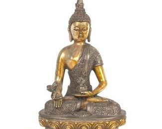 Tibetan Mixed Metals Medicine Buddha Sculpture on Lotus Throne 