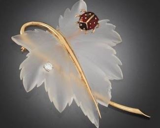 Tiffany Co Carved Quartz, Gold and Diamond Brooch 