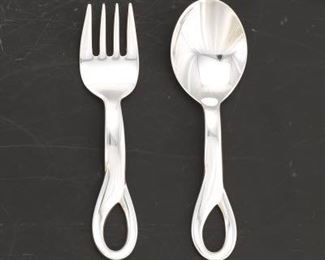 Tiffany Co. Elsa Peretti Sterling Silver Baby Spoon and Fork, Storage Sleeves and Box 