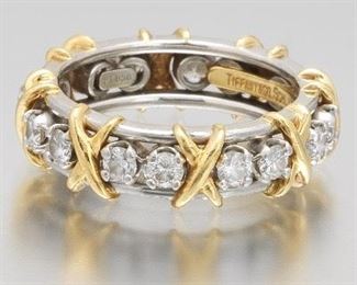 Tiffany Co. Jean Schlumberger Gold, Platinum and Diamond X Design Eternity Band, Presentation Boxes 