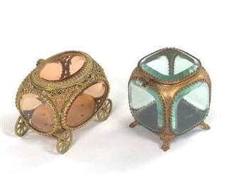 Two Antique Gilt Metal and Beveled Crystal Glass Display Cases 