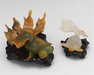 Two Chinese Carved Agate Goldfish on Carved Wood Stands 